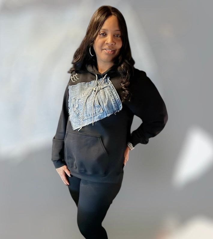 Denim On Deck Black Hoodie w/ bling string