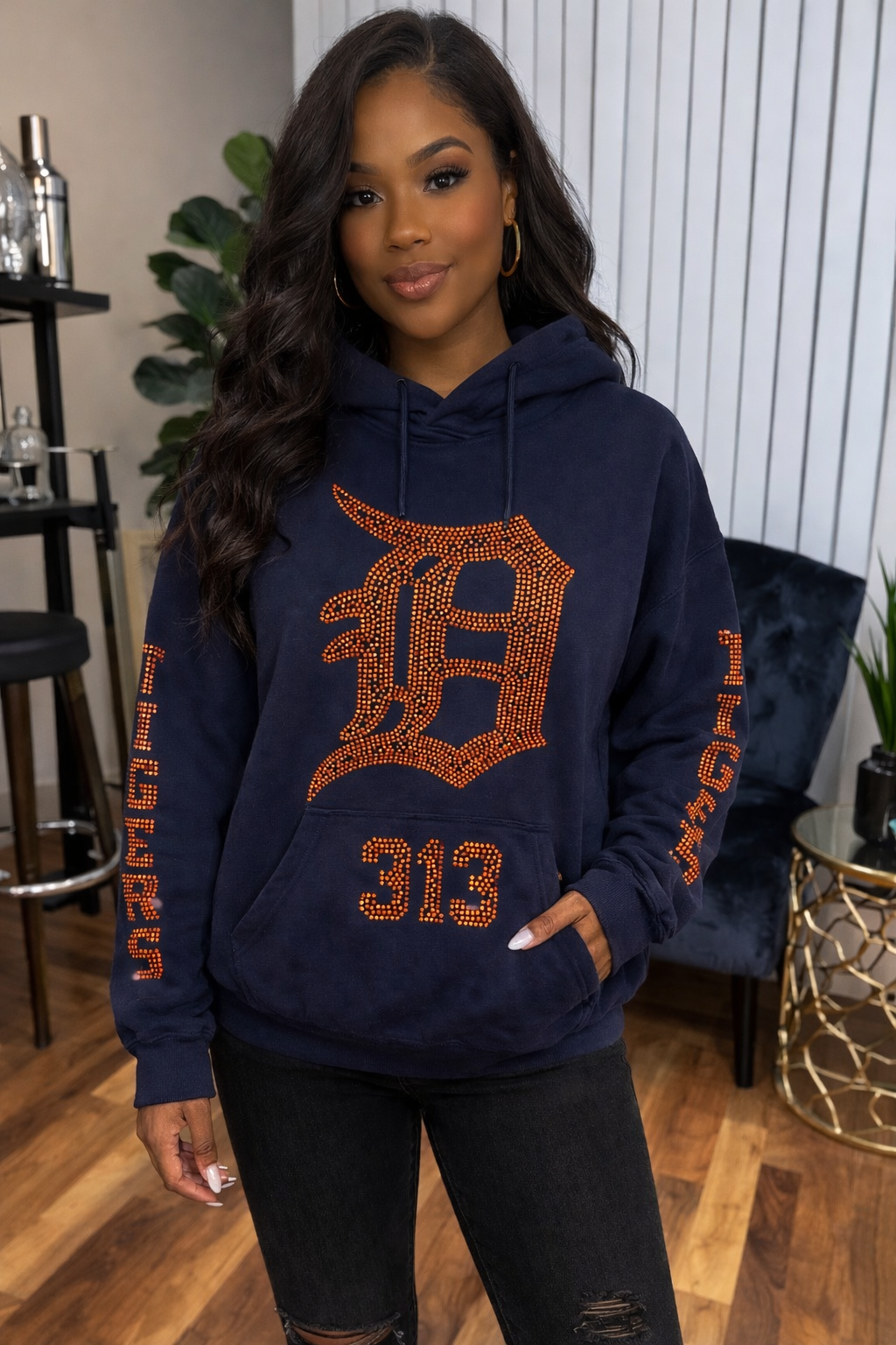 Detroit D Bling Hoodie Navy