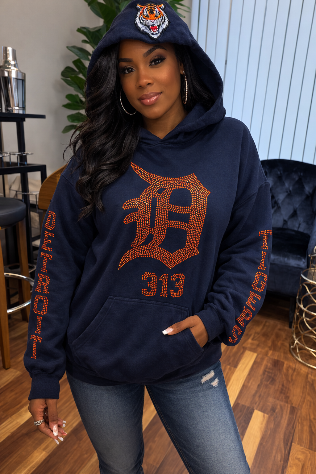 Detroit D Bling Hoodie Navy