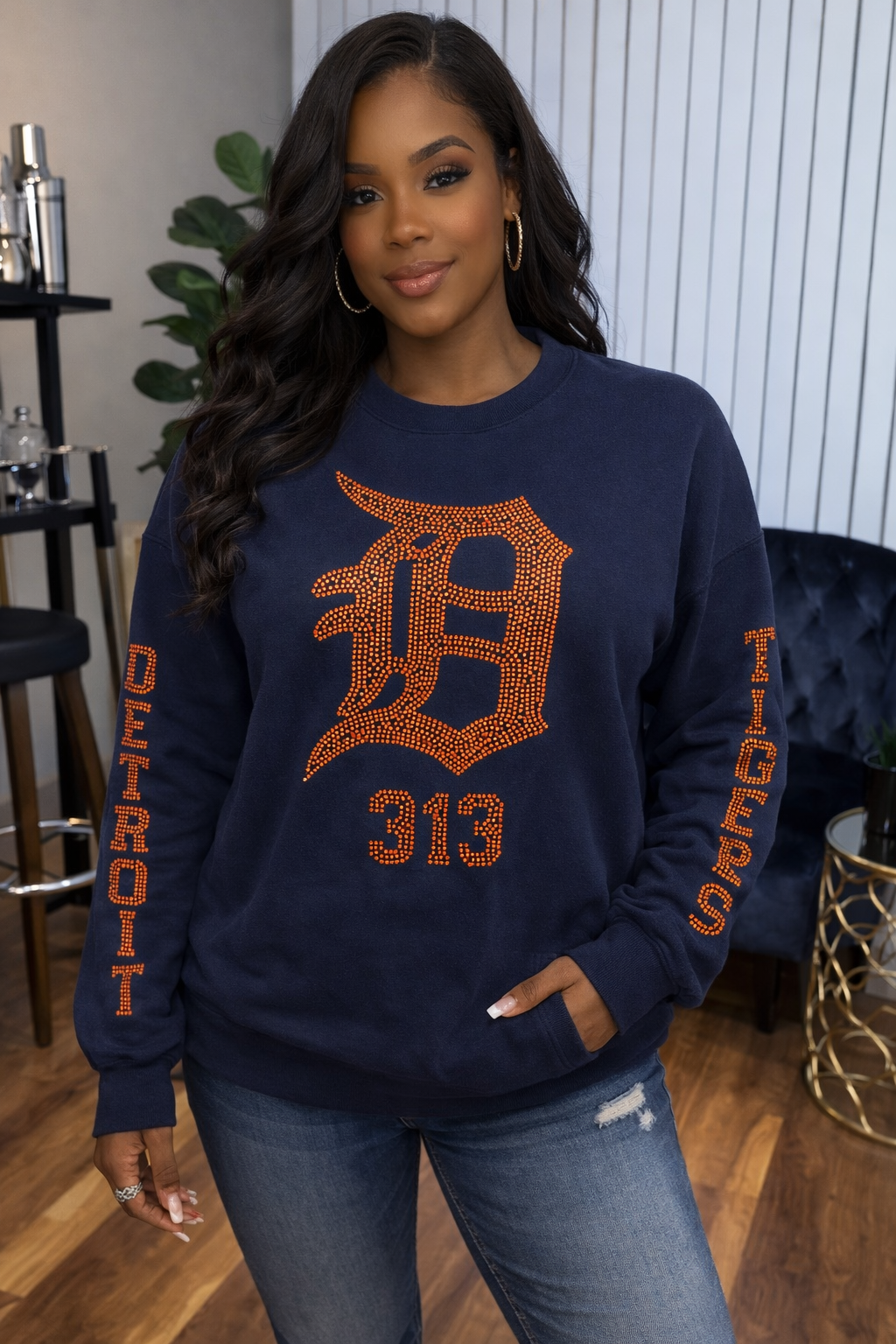 Detroit D Bling Crewneck Navy